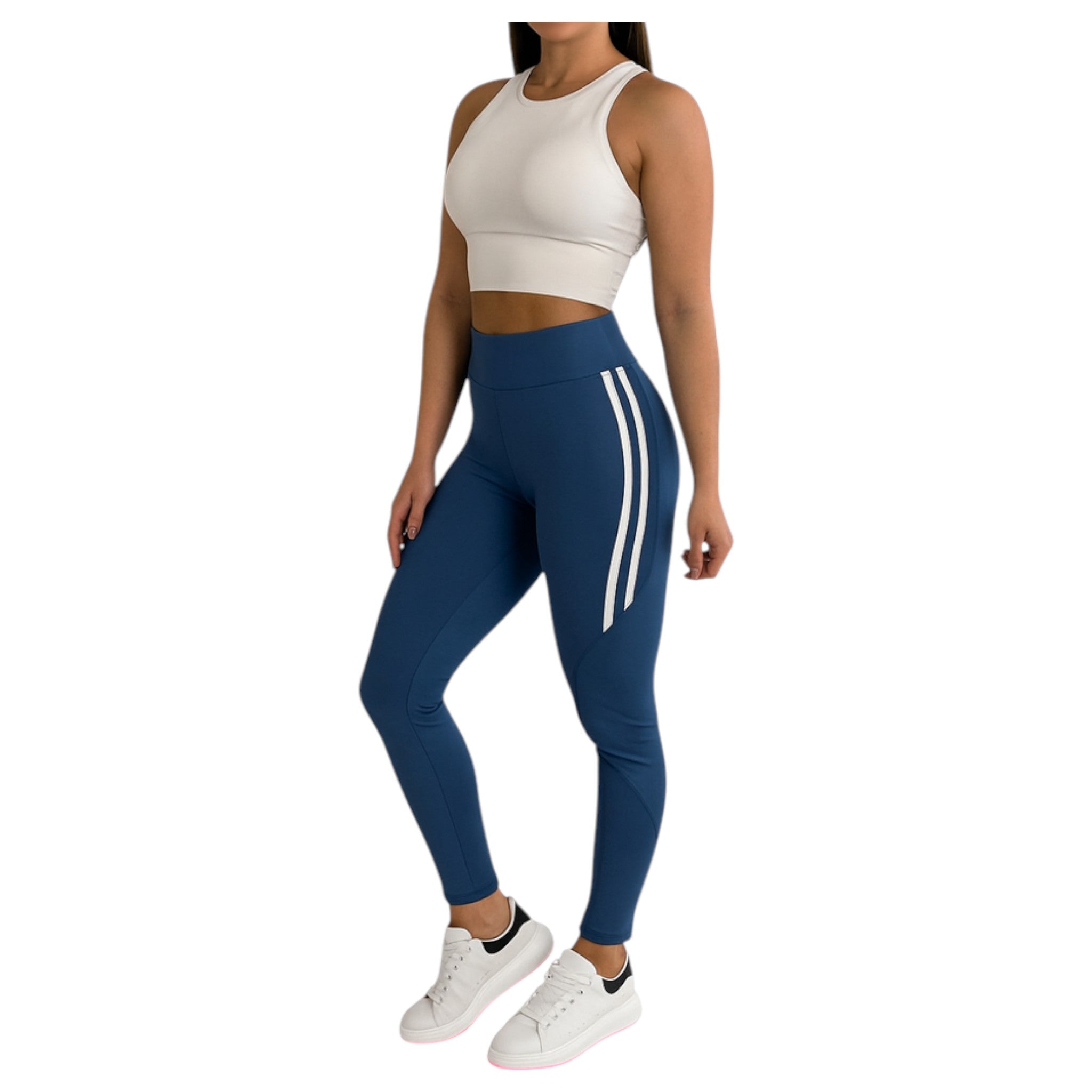 Ladies Blue high-waisted gym leggings with white side stripes for women – stretchy activewear for fitness and casual wear.
